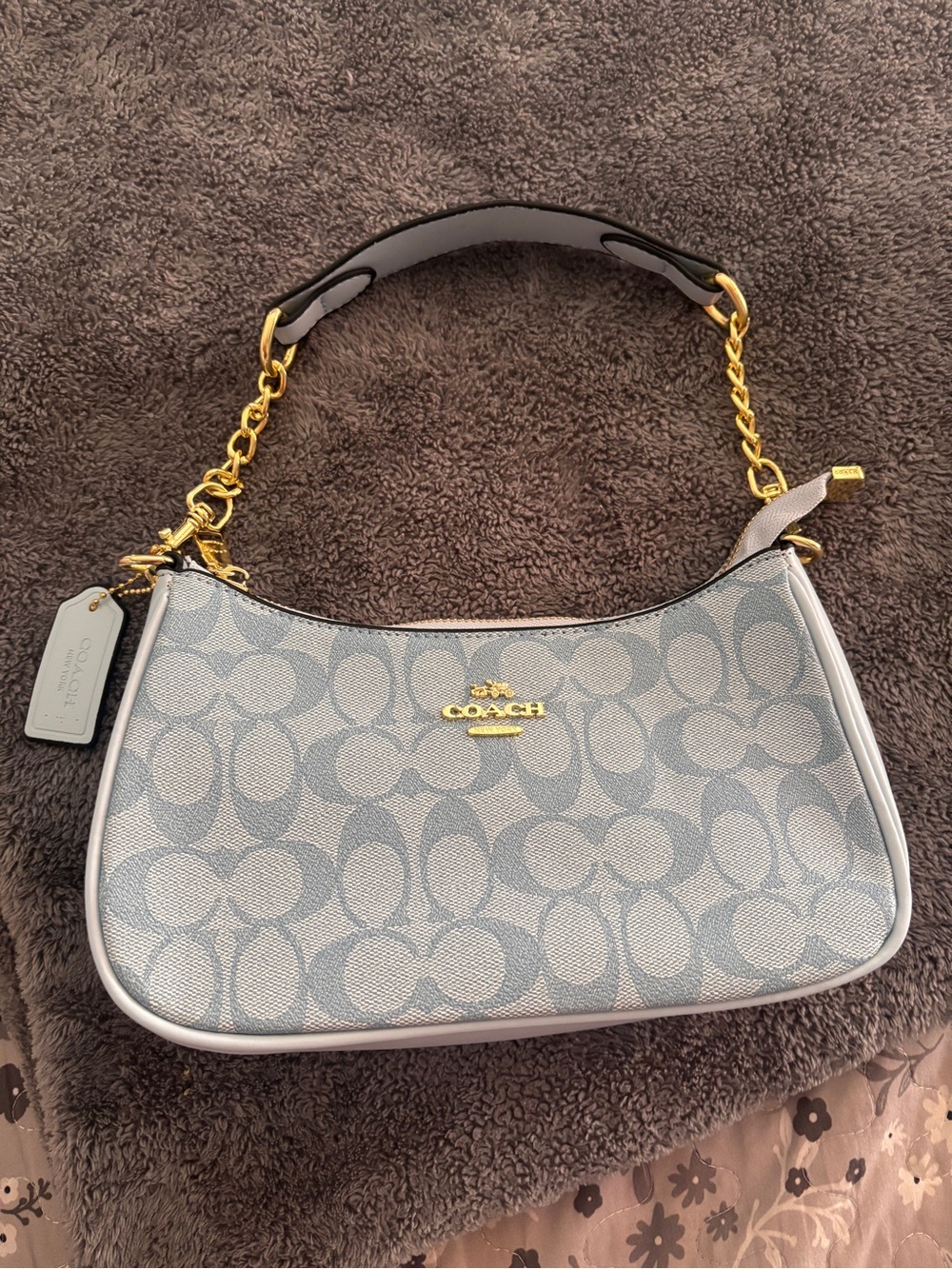Coach Light Gray Signature Canvas Shoulder Bag with Gold Hardware